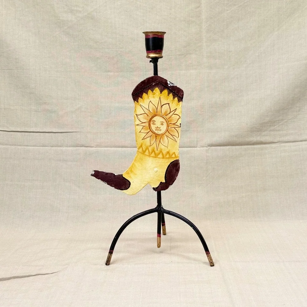 Vintage‎ Folk Art Boot Candle Holder Sun Face Southwestern Boho Decor Whimsygoth